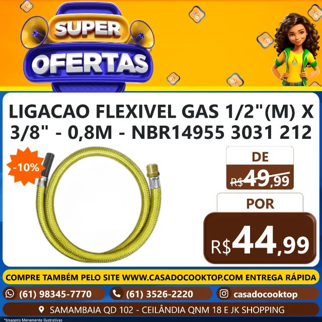 Ligacao flexivel gas 1/2"(M) x 3/8" - 0,8m - NBR14955 3031 212
