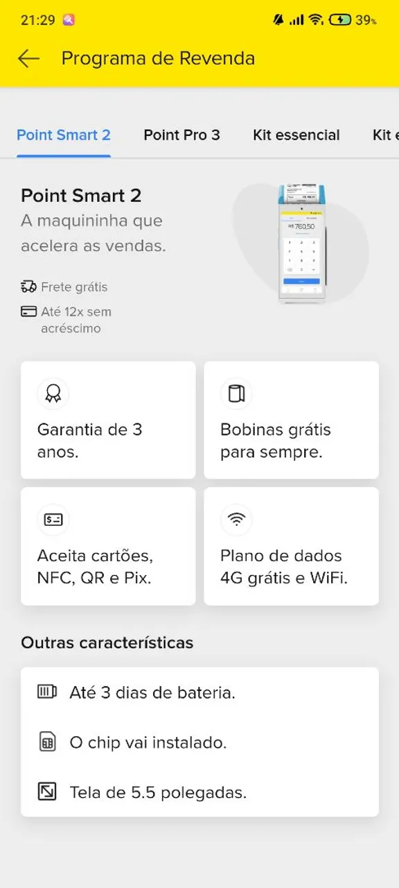 Maquininha de cartão Point Smart 2 - 4G Grátis