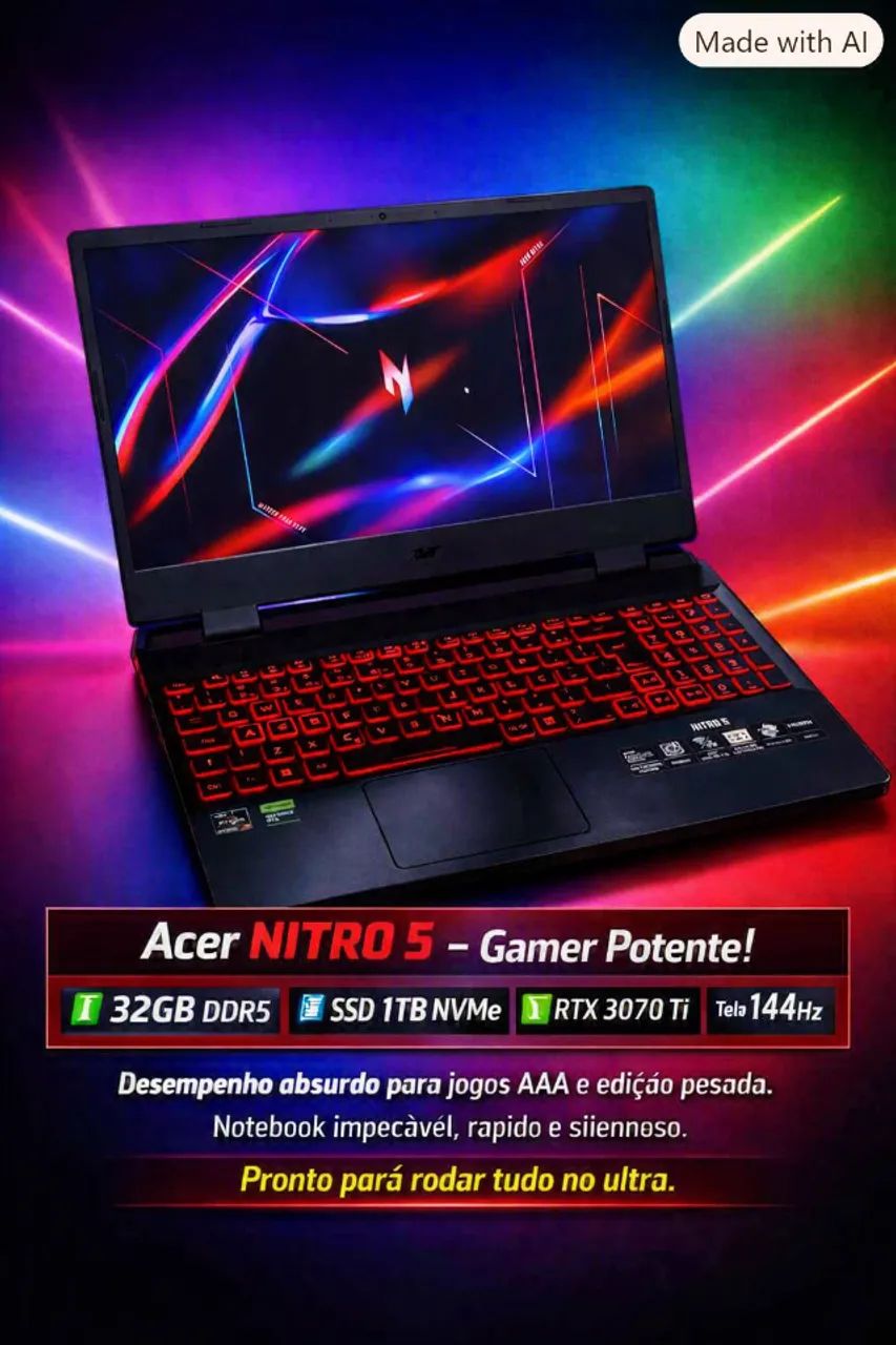 Notebook Gamer Acer Nitro 5 AN515?46 - Ryzen 7 / 32 GB DDR5 / RTX 3070 Ti 150W