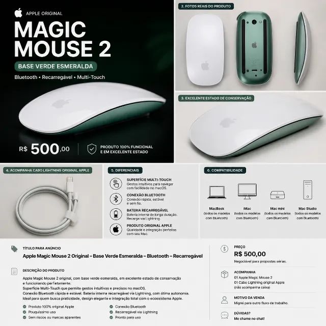 Apple Magic Mouse 2 Original A1657 | Base Verde Esmeralda | Bluetooth