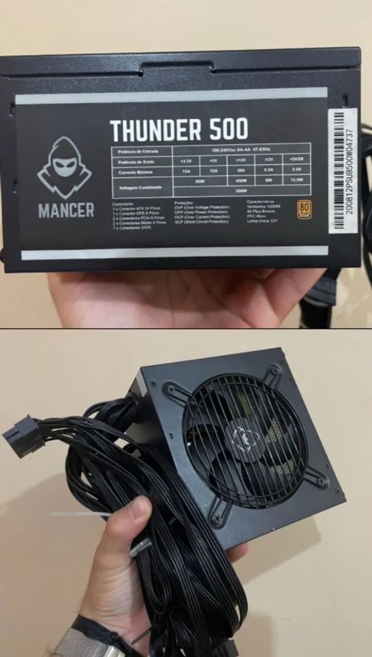 Fonte 500w, 80 plus bronze, possui caixa e cabo de força.