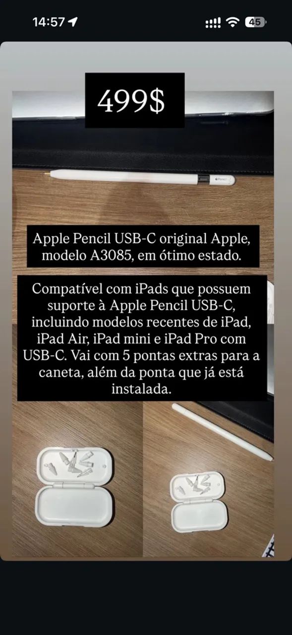 Apple Pencil USB-C original Apple, modelo A3085.