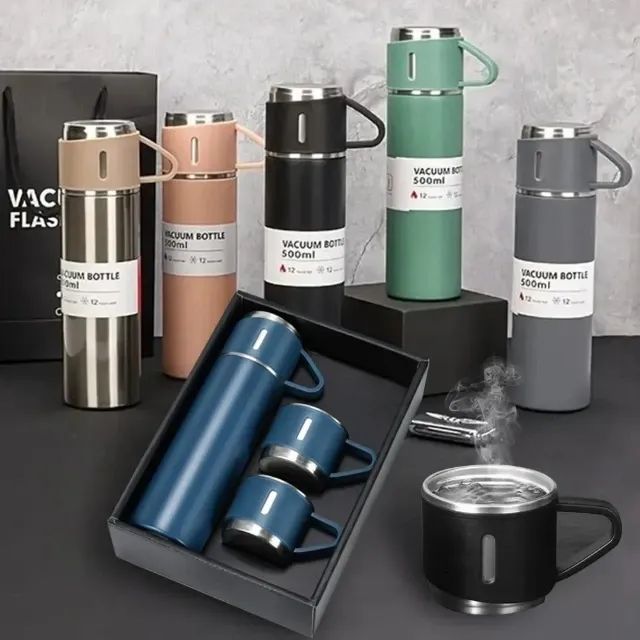 Set with Two 500ml Thermal Bottles and Six Blue and Black Mugs