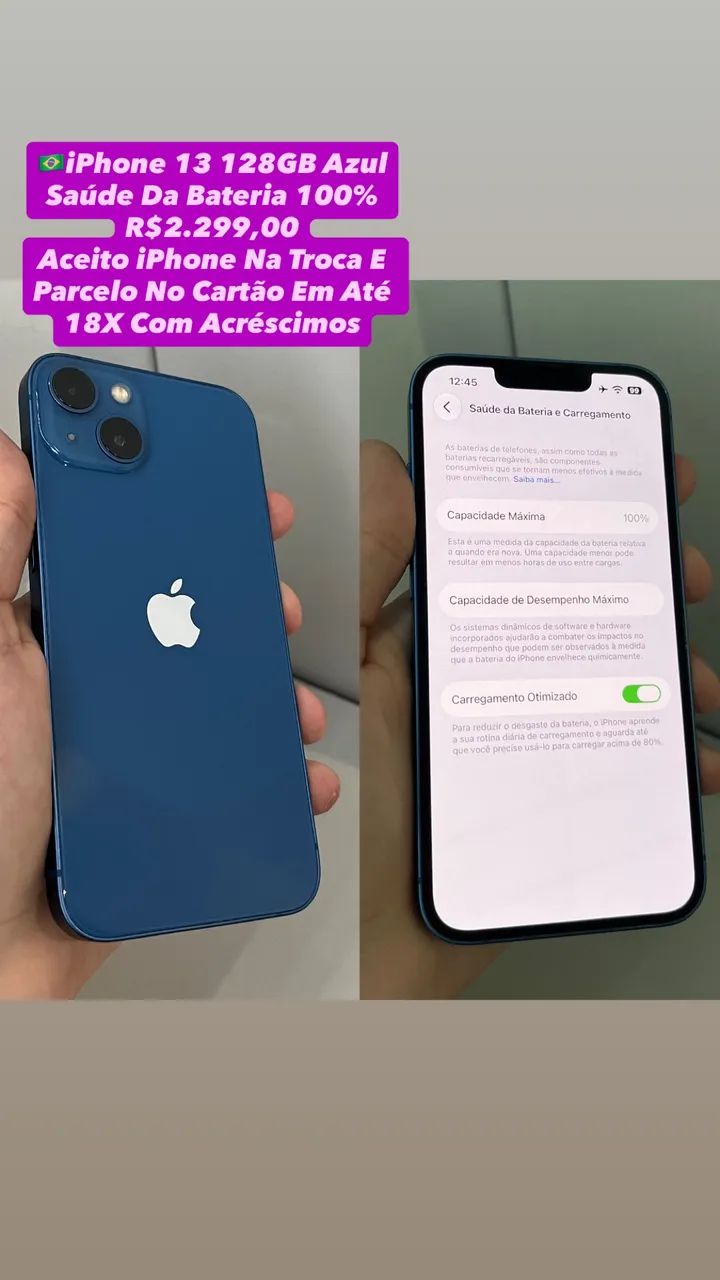 iPhone 13 128GB Azul - Saúde Da Bateria 100% (Usado)