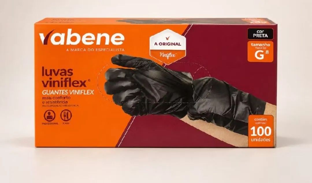 Luvas de vinil sem pó viniflex preta. Caixa com 100 luvas. 