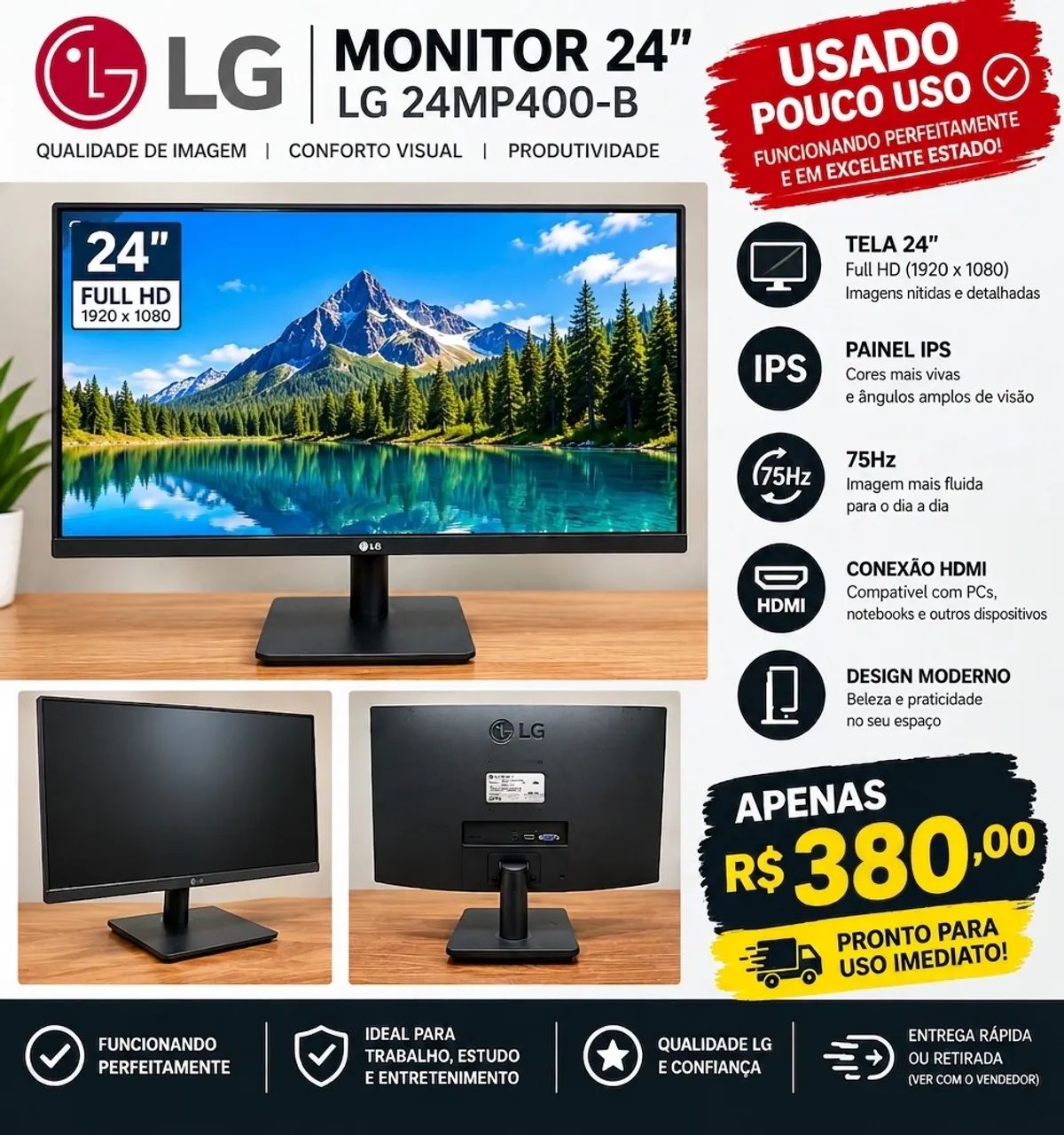 Monitor Gamer LG 24 polegadas - Pouco Uso