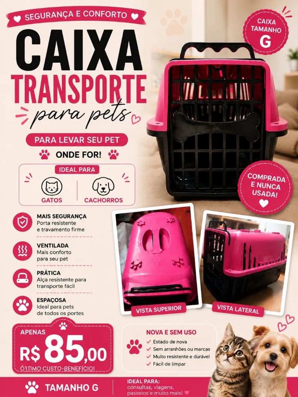 Caixa de transporte tamanho G para gatos e cachorros.