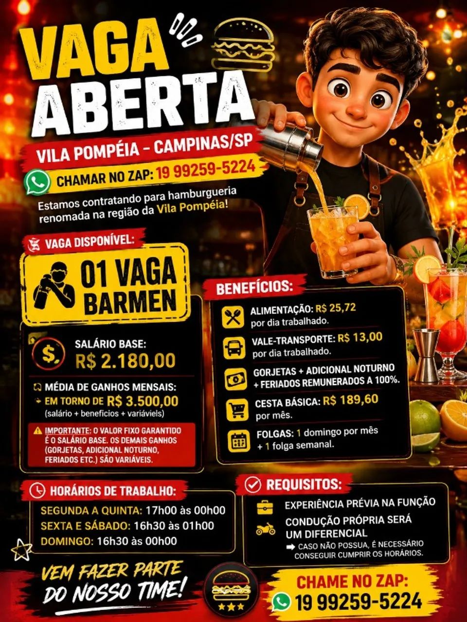 ? VAGA ABERTA - BARMAN | VILA POMPÉIA - CAMPINAS/SP - WhatsApp: *