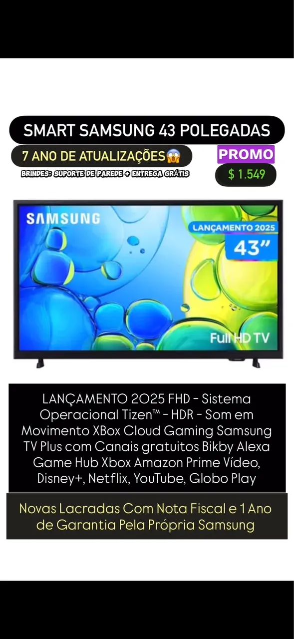 SMART TV SAMSUNG LANÇAMENTO 43 POL