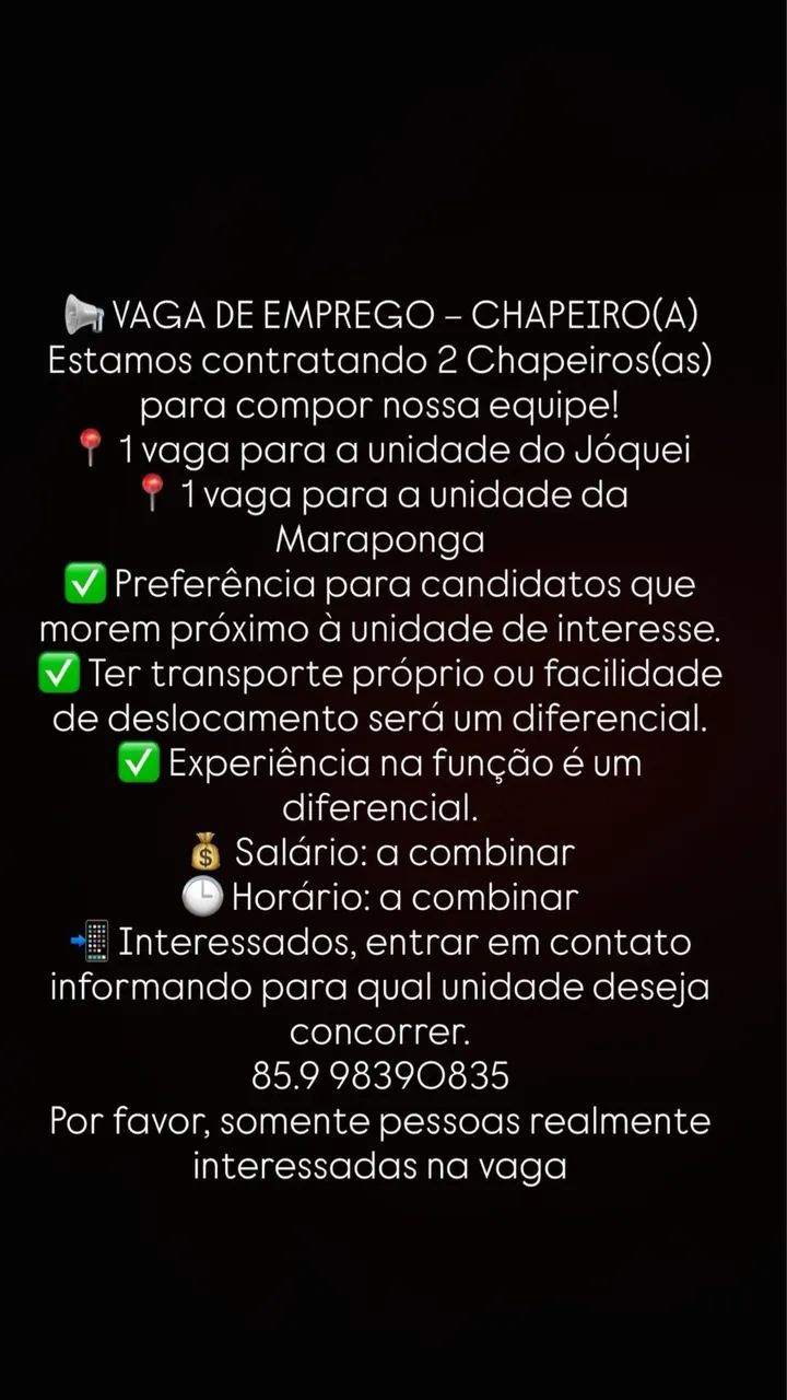 Vaga para chapeiro