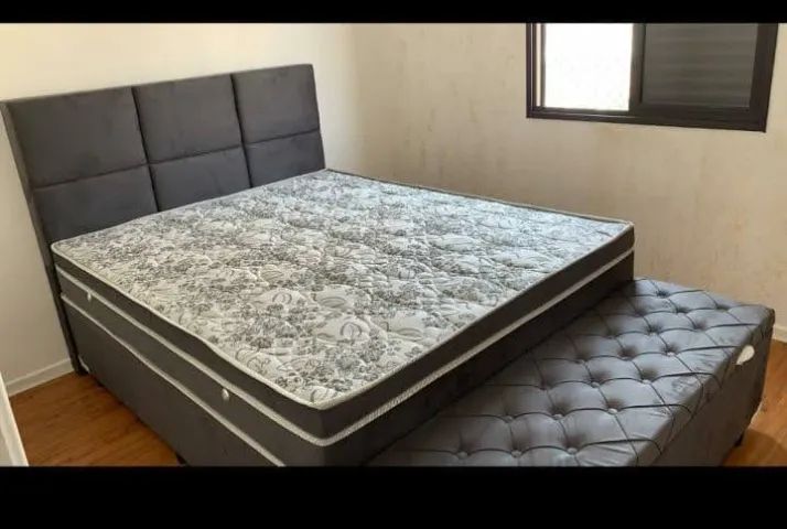 Conjunto Casal: Cama box báu, colchão, recamier e cabeceira