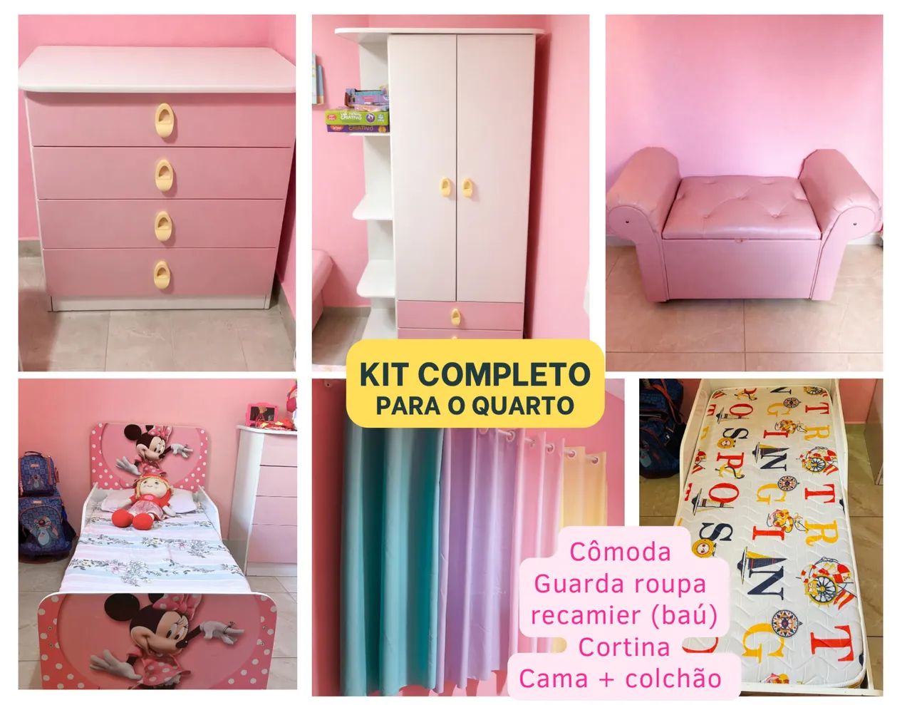 Kit quarto infantil COMPLETO (guarda-roupa, cômoda, Recamier, cortina, cama e colchão)