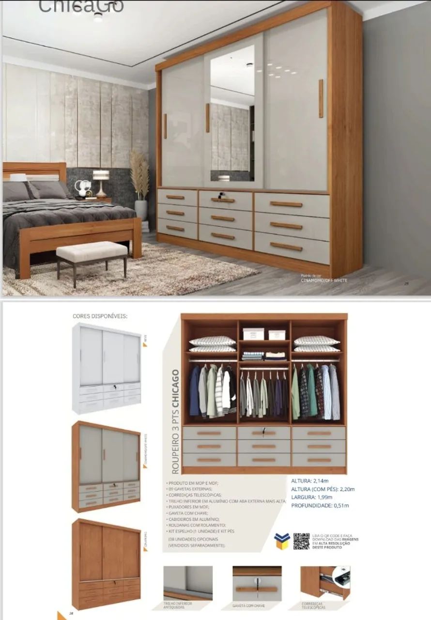 Guarda-Roupa 3 Portas Chicago Cinamomo/Off White