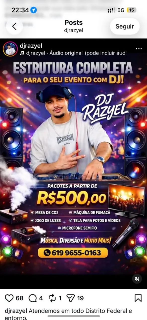 Serviço de DJ com som e iluminação completa. 