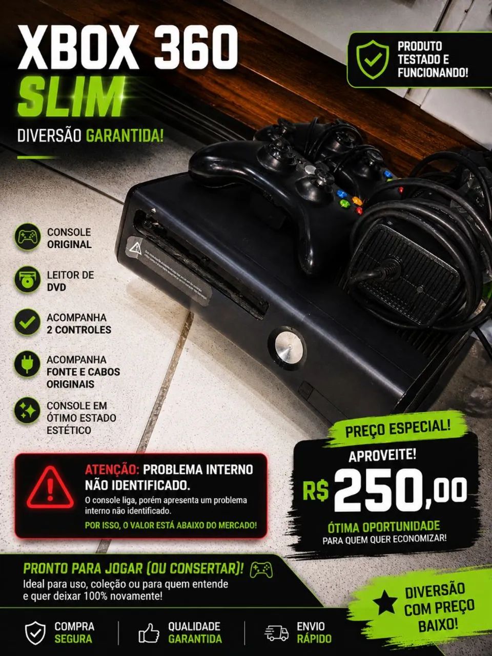 XBOX 360 COM DEFEITO,2 CONTROLES,FONTE E CABOS.