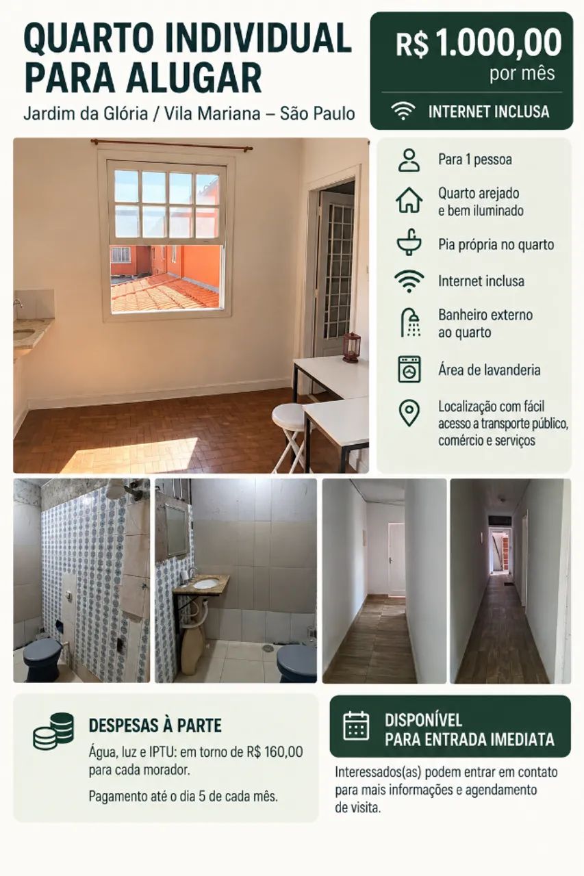 QUARTO INDIVIDUAL PARA ALUGAR - R$ 1.000,00