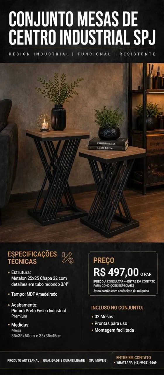 Par de mesa de centri modelo industrial 