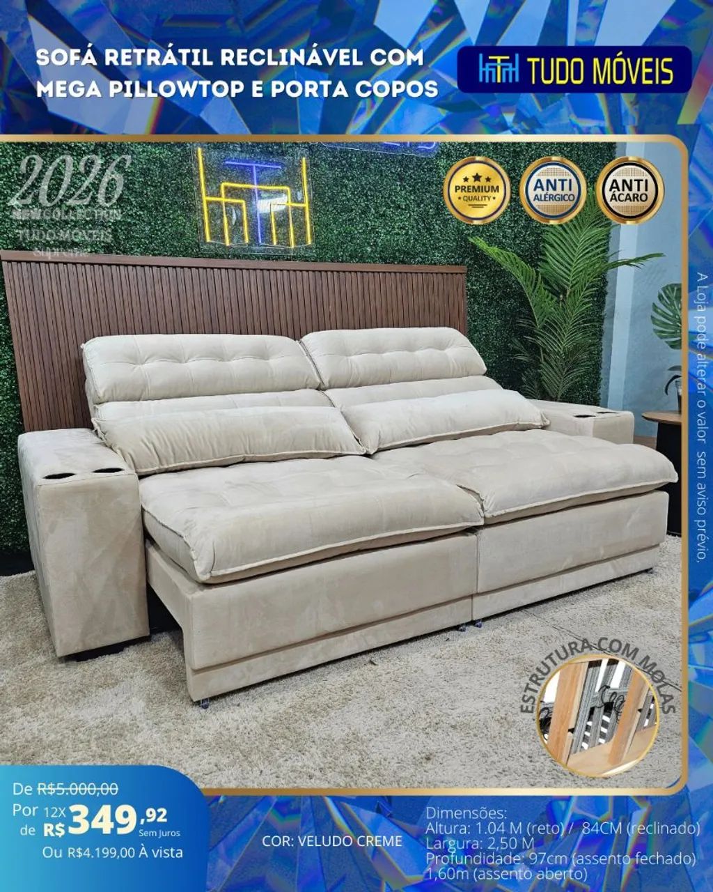 SOFÁ RETRÁTIL E RECLINÁVEL COM PILLOWTOP E PORTA COPOS.