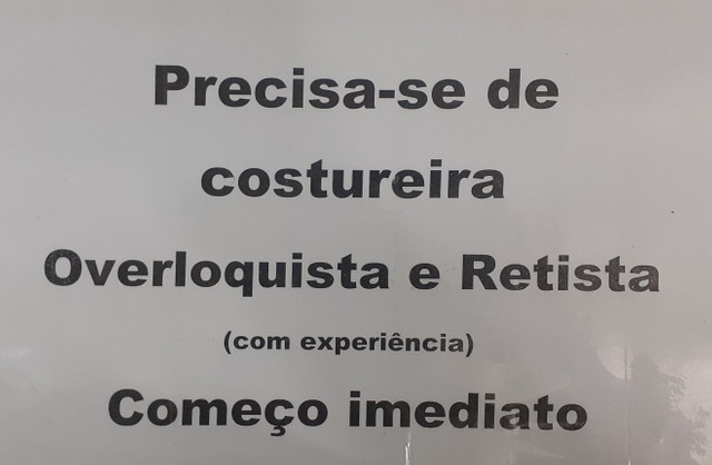 Vaga para costureira interna com experiência