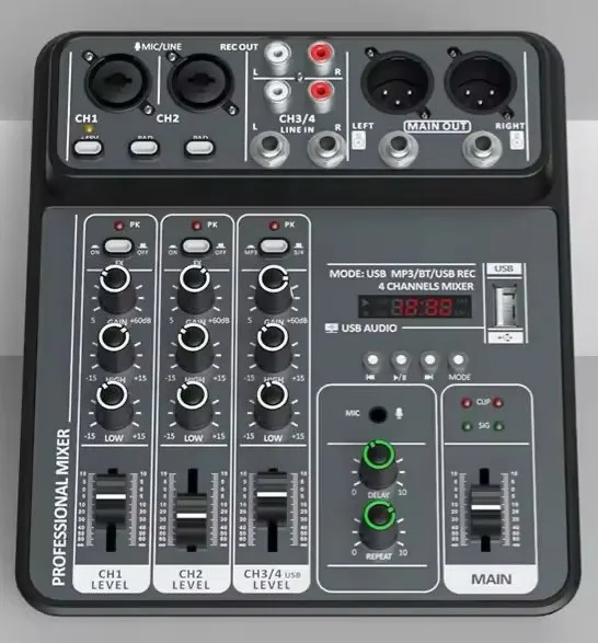 Mesa de Som 4 Canais USB MP3/BT/USB Rec
