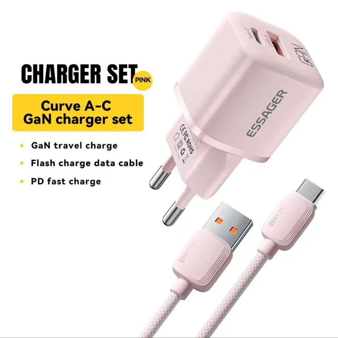 Carregador iPhone Rosa Turbo GAN iPhone 15 16 USB C + Android