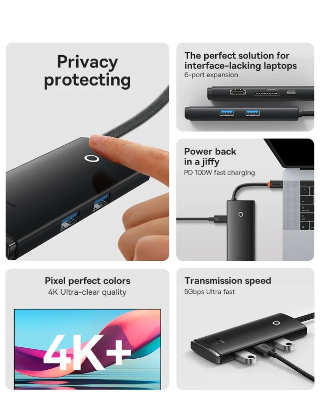 Adaptador Baseus Lite Hub Usb-C 6 Portas Para Macbook Iphone Smartphones Android - Foto 3