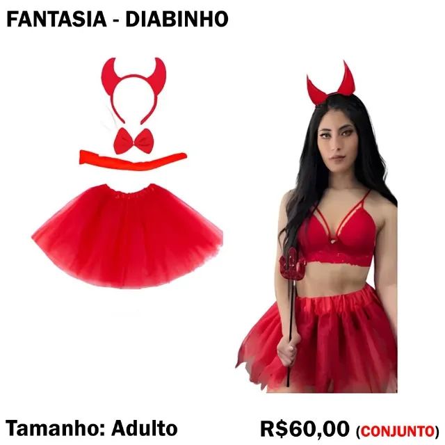 Fantasia Diabinha: Cauda + Gravata + Saia + Tiara + Tridente