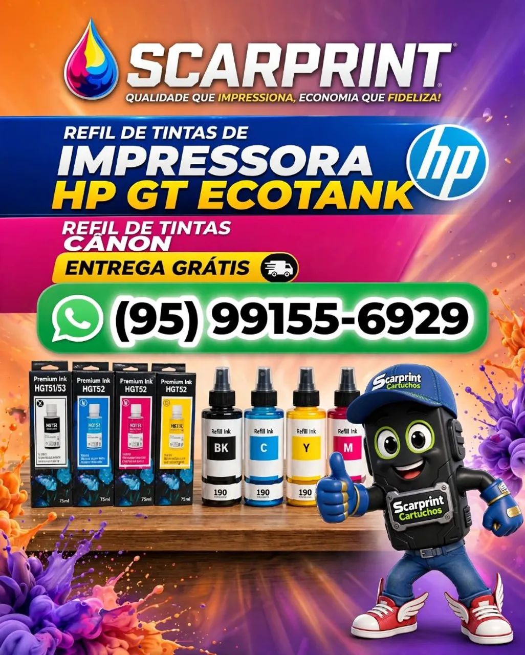 Refil de tintas de impressora HP GT Ecotank e Refil de tintas cânon entrega grátis 