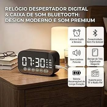 Caixa de Som Bluetooth com Relógio Digital e Despertador - Foto 3