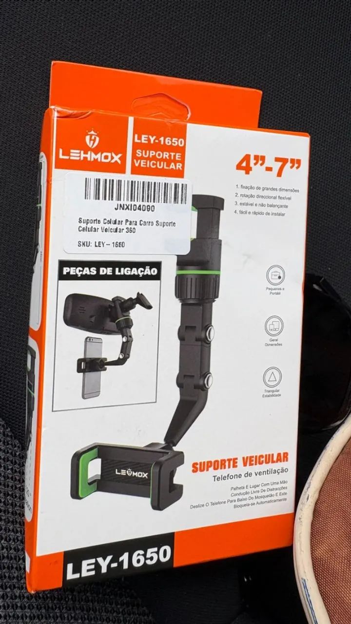 Suporte Celular Espelho Retrovisor 360° Lehmox Preto Ley-1650 Universal