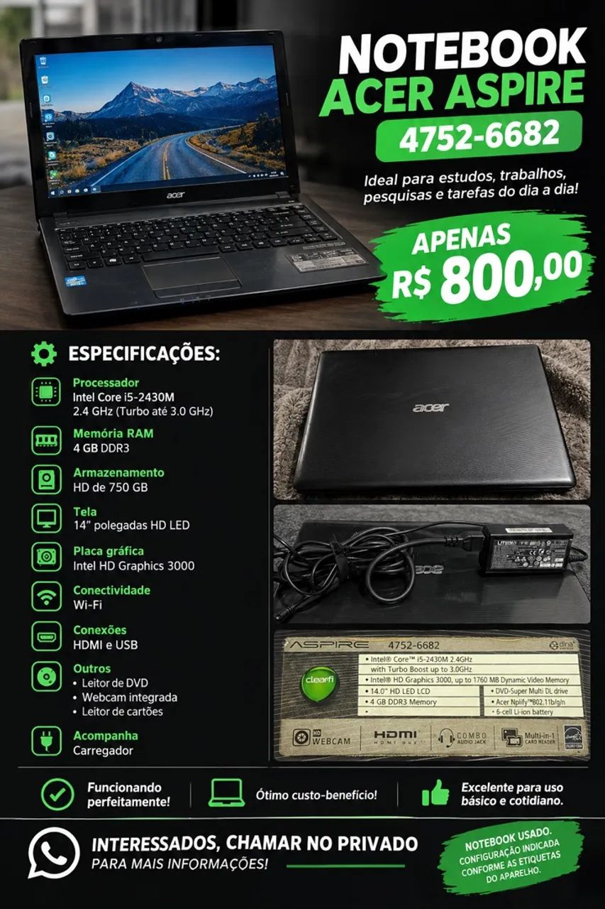 Notebook Acer R$ 800,00