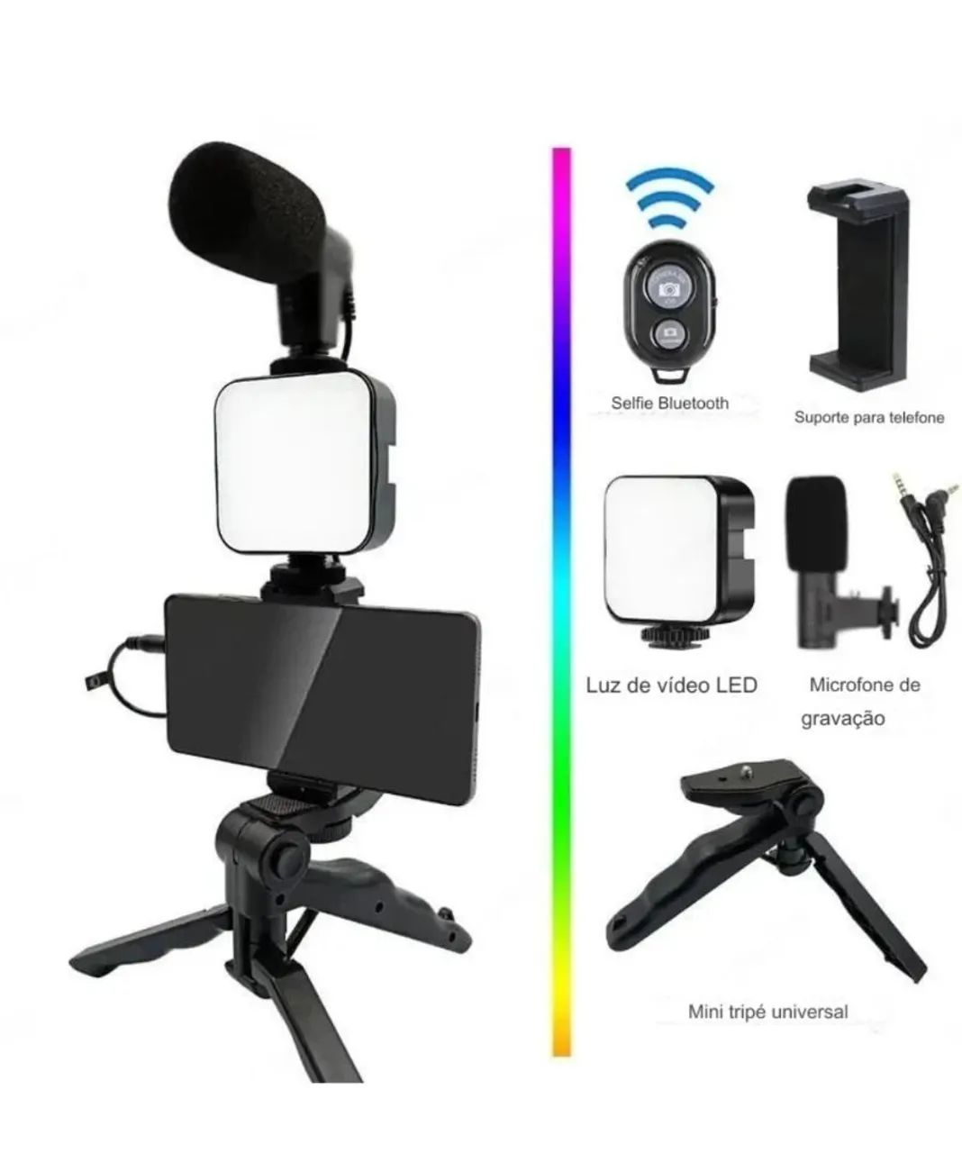 suporte de celular tripé com microfone e led lâmpada - Foto 3