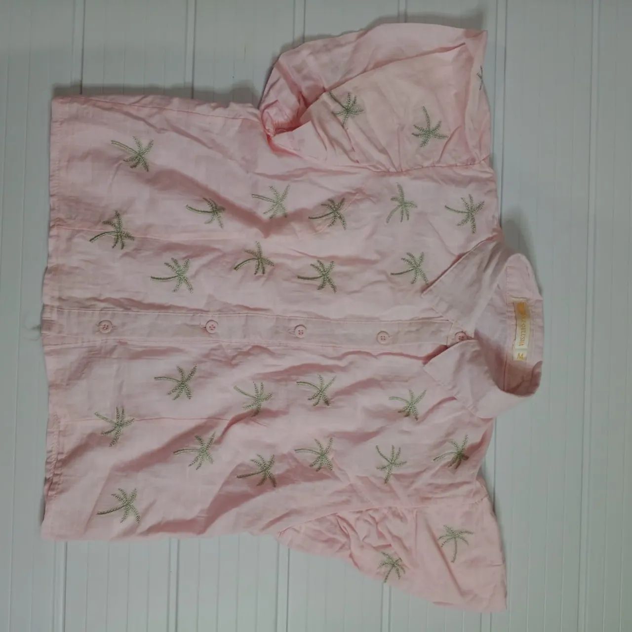 Camisa rosa tamanho P camisa meia manga estampada camisa rosa feminina usada - Foto 5