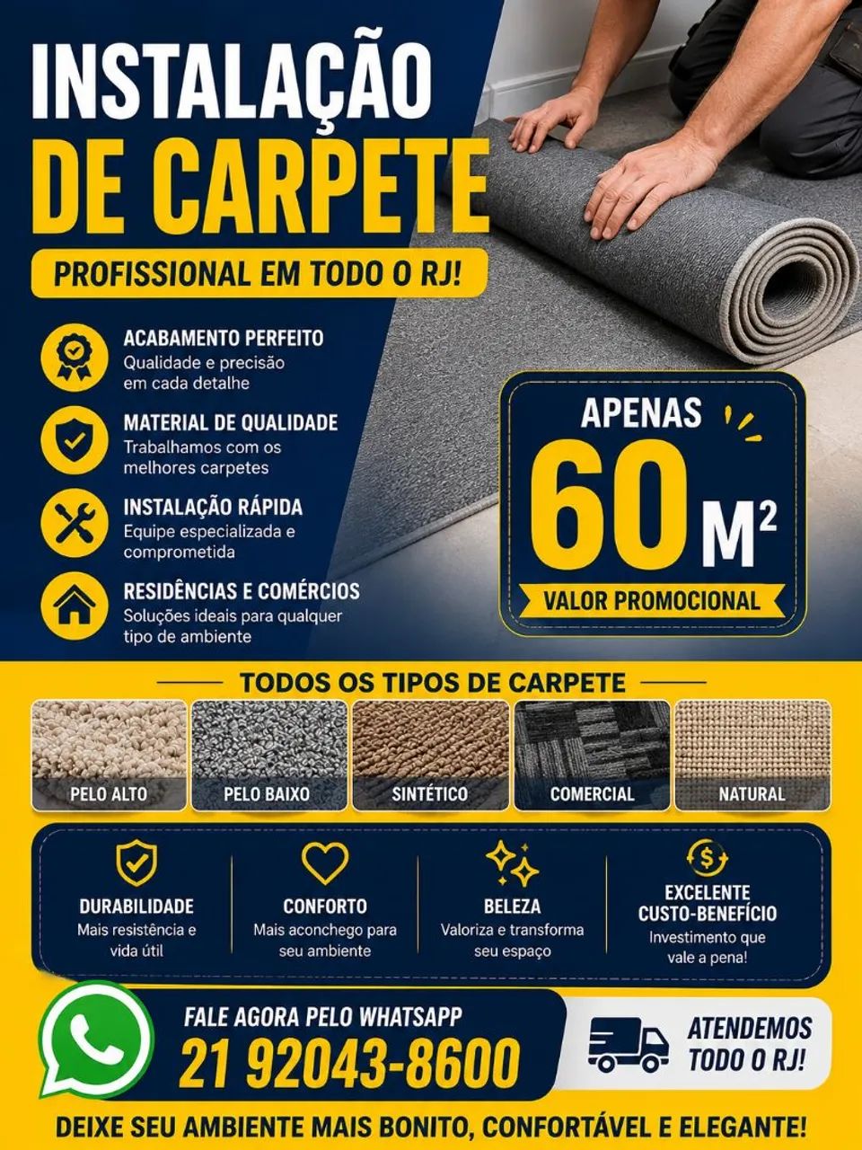 Instalaçao de carpete profissional apenas 60m² 