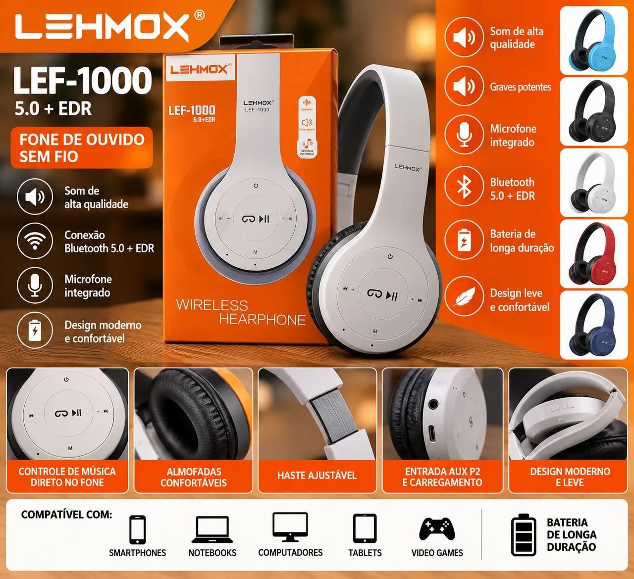 Fone Bluetooth Lehmox LEF-1000 com Microfone