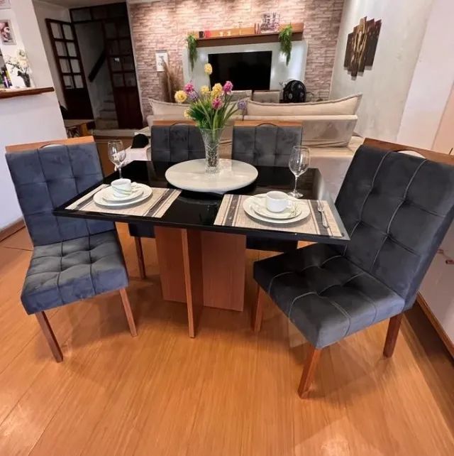 sala mesa de jantar 4 cadeiras tampo de vidro