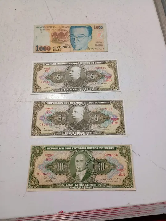 Cédulas antigas do Brasil - 1000, 5 e 10 cruzeiros