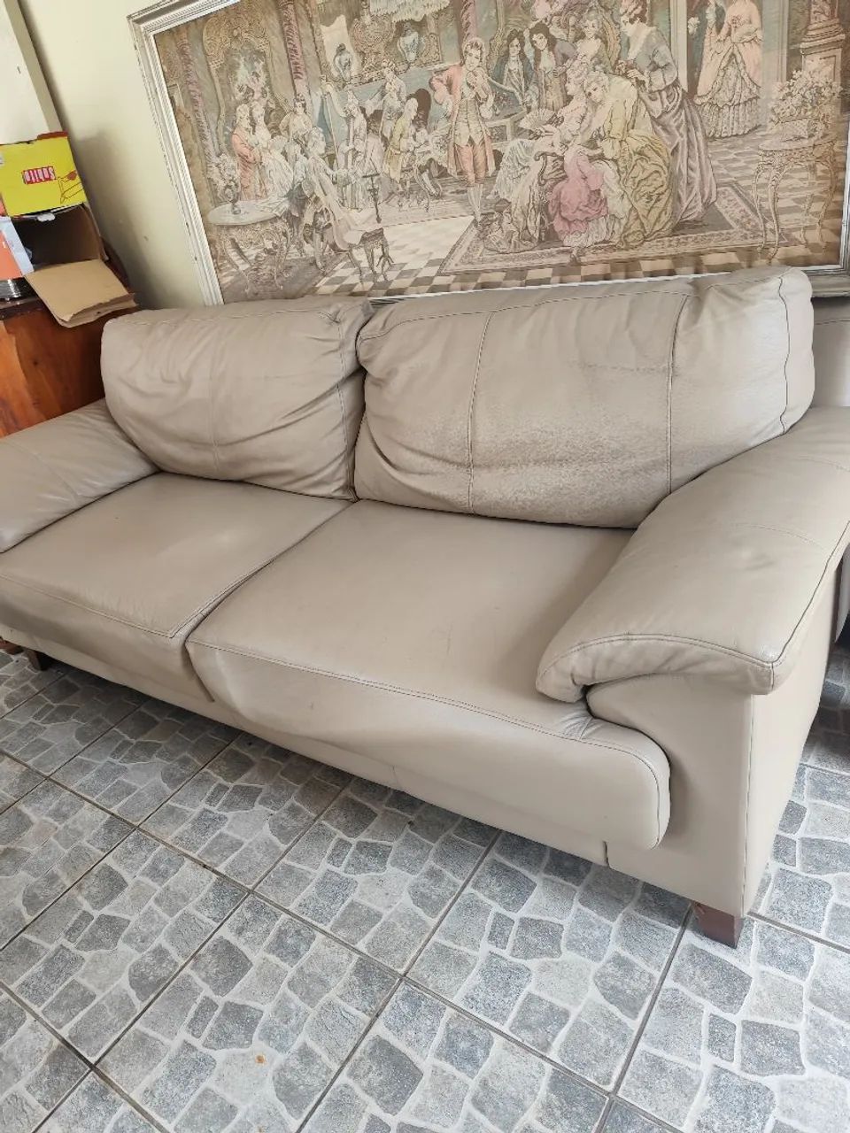 Sofá de Couro 3 Lugares Bege