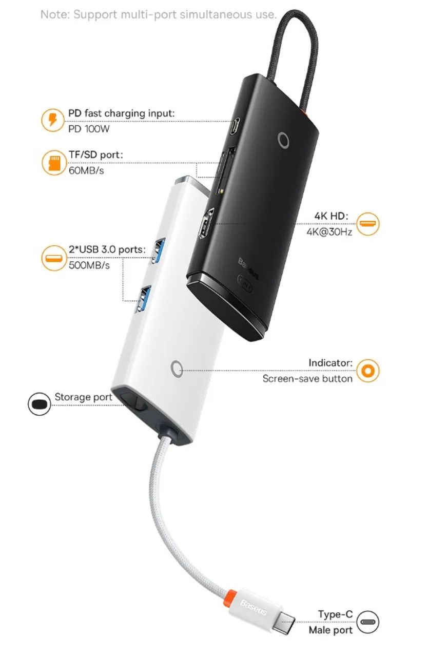 Adaptador Baseus Lite Hub Usb-C 6 Portas Para Macbook Iphone Smartphones Android - Foto 4