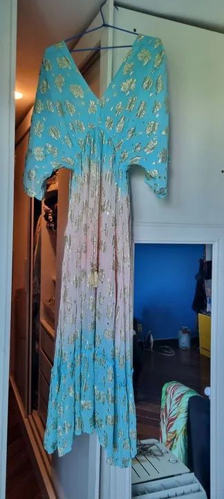 Vestido Longo Boho  azul e dourado
