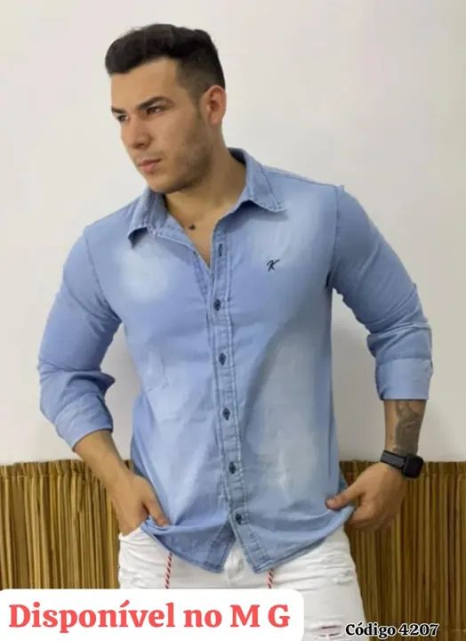 Camisa Jeans Manga Longa Masculina  - Foto 2