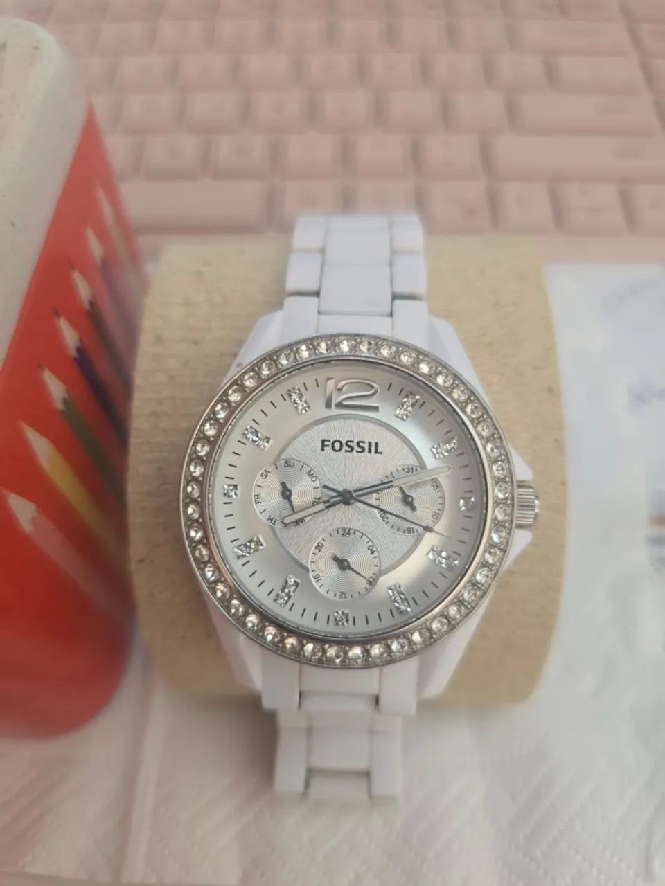 Relógio  Fóssil branco com Strass