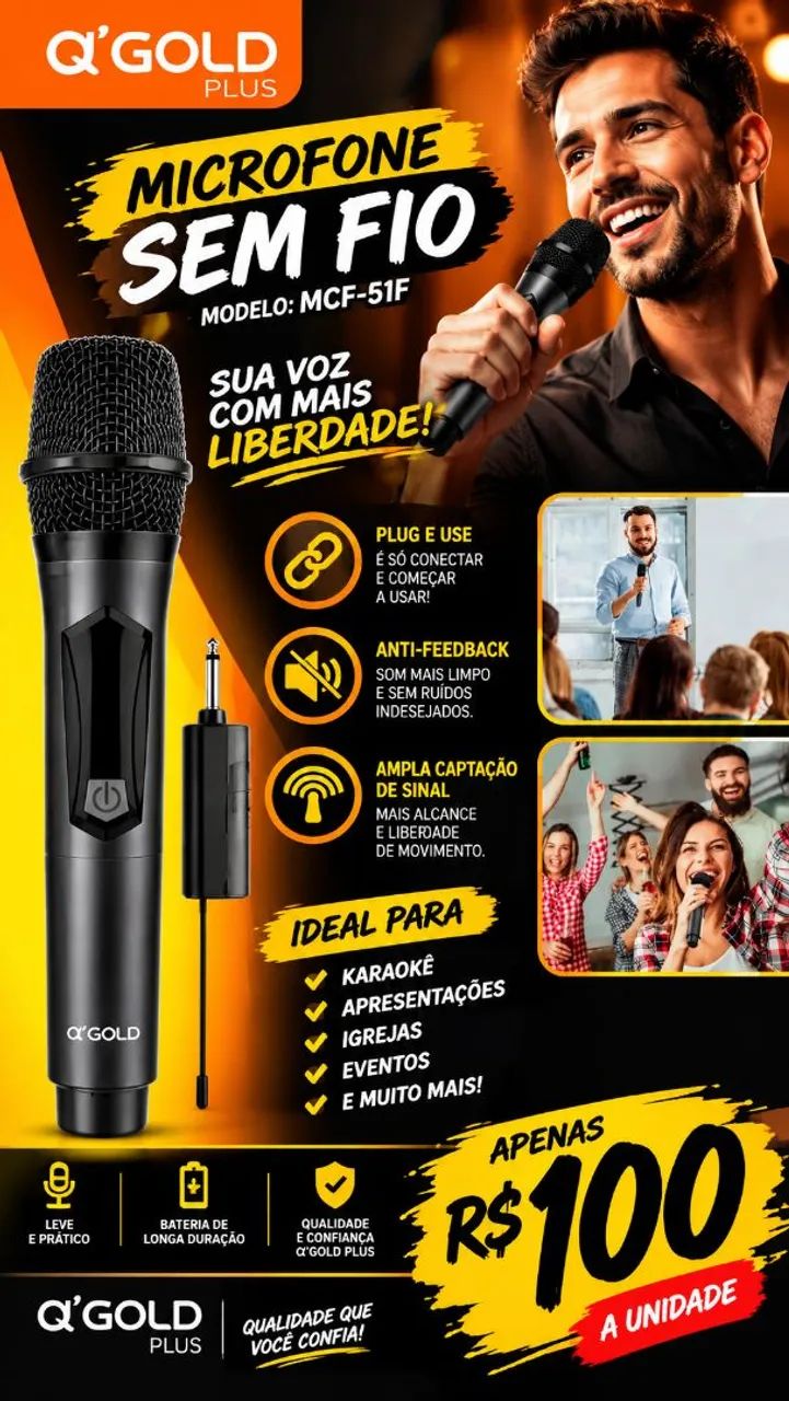 Microfone Sem Fio Gold Plus 