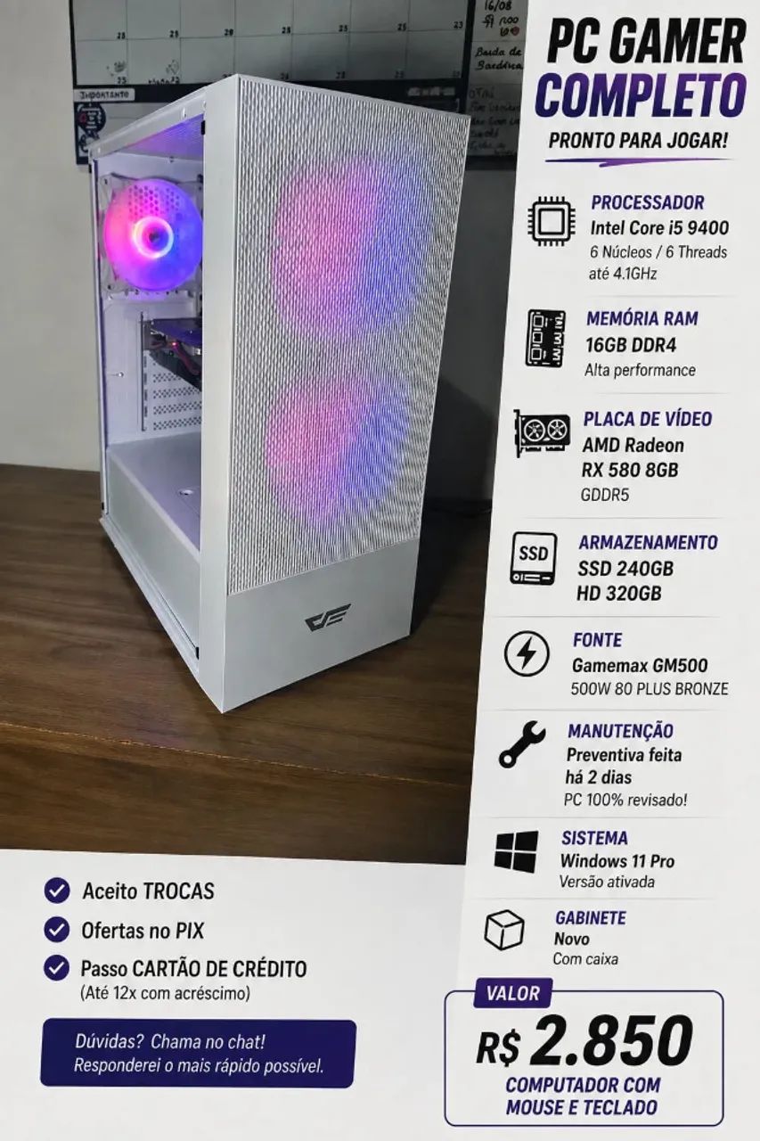 PC gamer com Teclado e Mouse