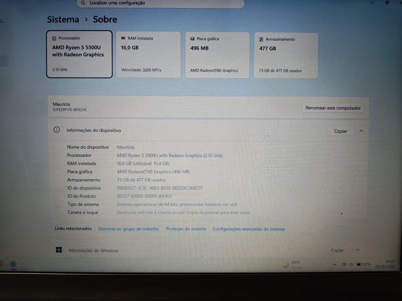 Notebook Ryzen 5 16GB RAM