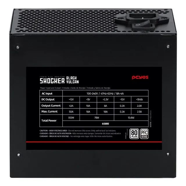FONTE GAMER 600W PCYES SHOCKER FULL MODULAR 80 PLUS WHITE BLACK VULCAN NOVA! - Foto 4