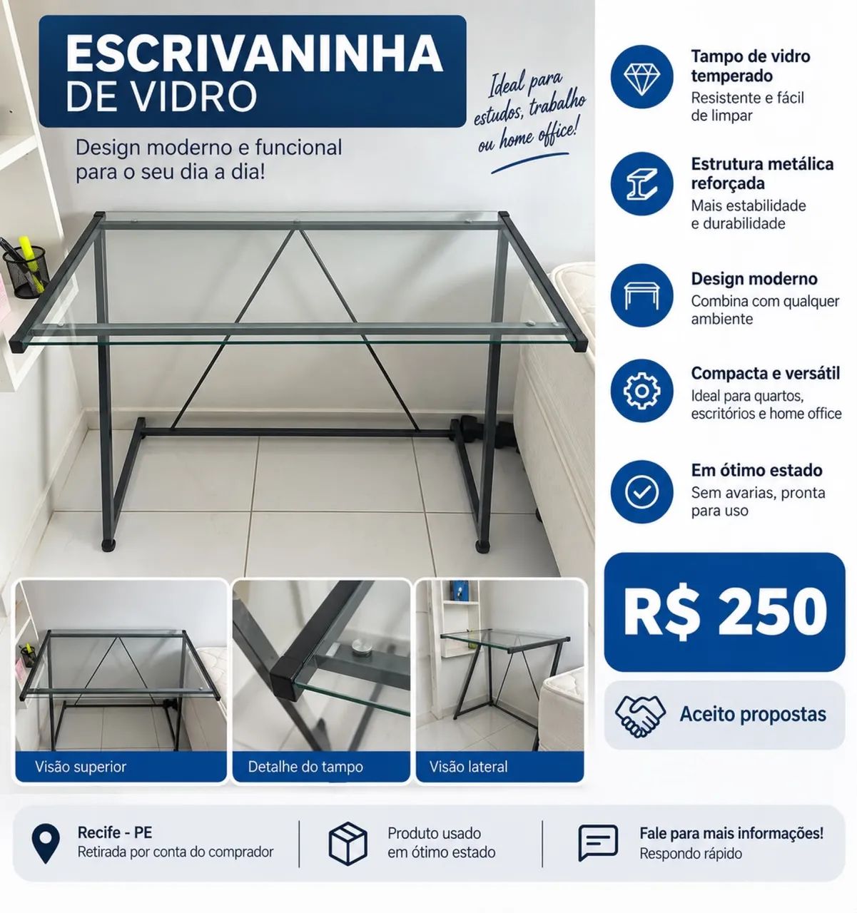 Mesa com tampo de vidro para escritório 