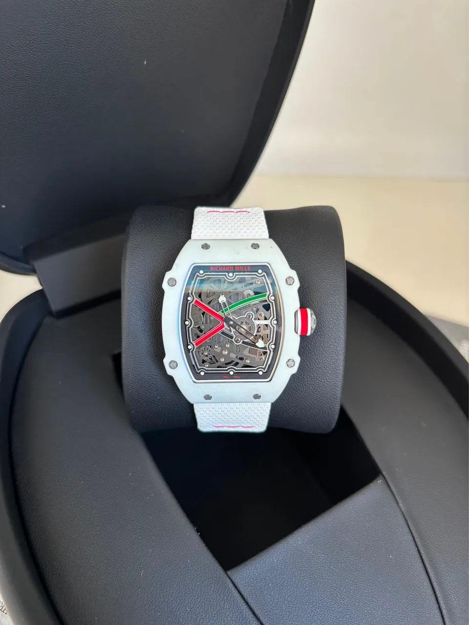 Relógio Richard Mille Premium Skeleton Bateria Branco e Azul Caixa Fininha