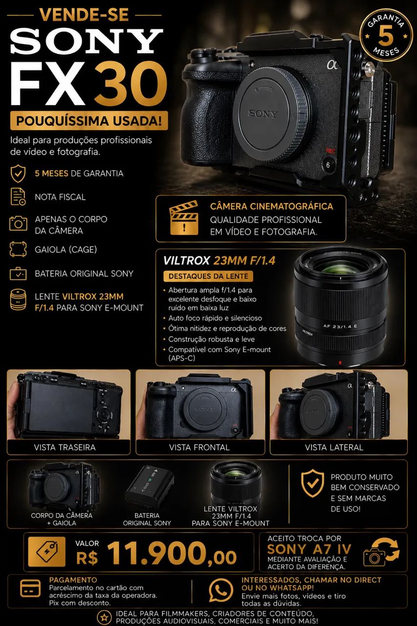 Sony FX30 + Viltrox 23mm f/1.4 | Kit Completo | Nota Fiscal | R$ 11.900