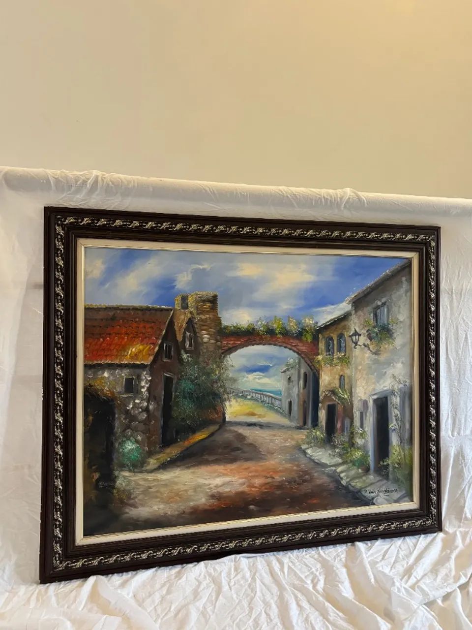 quadro vintage paisagem com moldura de madeira
